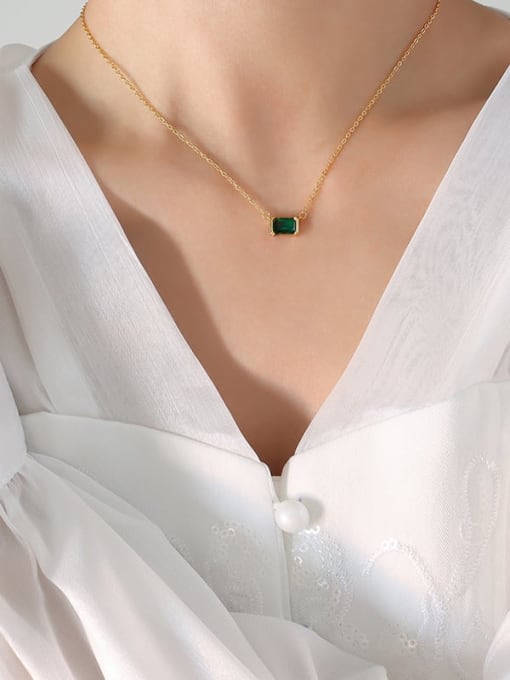 P486 gold necklace 40 5cm Titanium Steel Cubic Zirconia Green Geometric Vintage Necklace