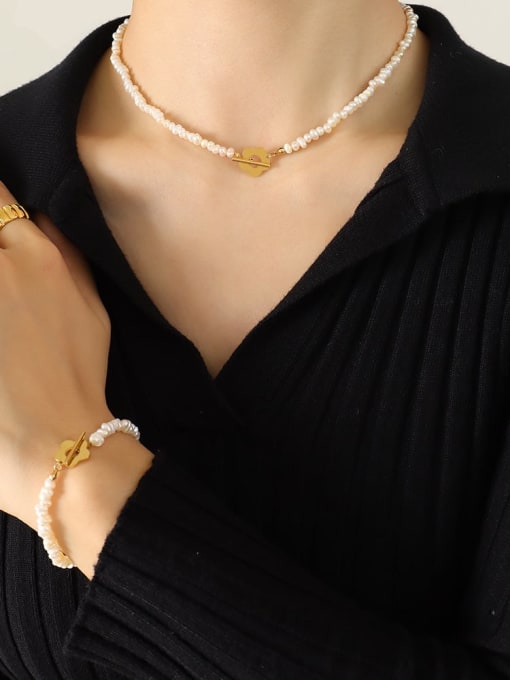 MAKA Titanium Steel Imitation Pearl  Minimalist Flower Bracelet and Necklace Set 1