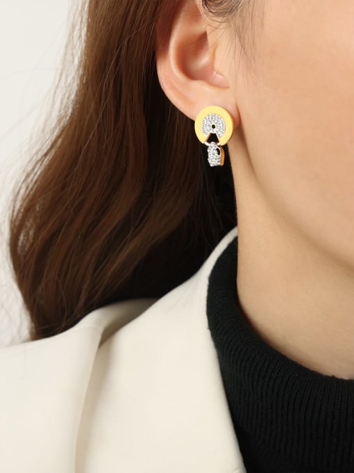 F1087 Gold Earrings Titanium Steel Rhinestone Hip Hop Geometric Earring Bracelet and Necklace Set