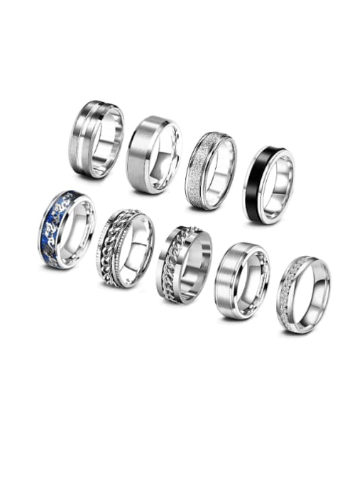 Nine piece steel set Stainless Steel Geometric Hip Hop Stackable Men's Ring Set