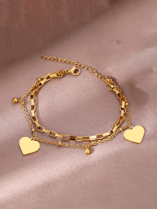 C002 Double layered Love Bracelet Gold Titanium Steel  Double Layer Chain Heart Trend Strand Bracelet