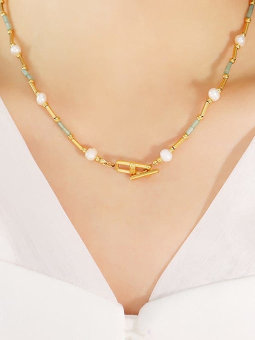 P1390 Gold necklace 42cm Titanium Steel Imitation Pearl Geometric Vintage Necklace