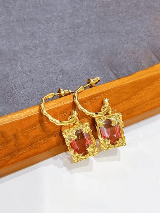 H00963 gold Brass Glass Stone Geometric Vintage Hook Earring