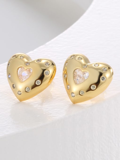 H00423 Gold Brass Cubic Zirconia Heart Dainty Stud Earring