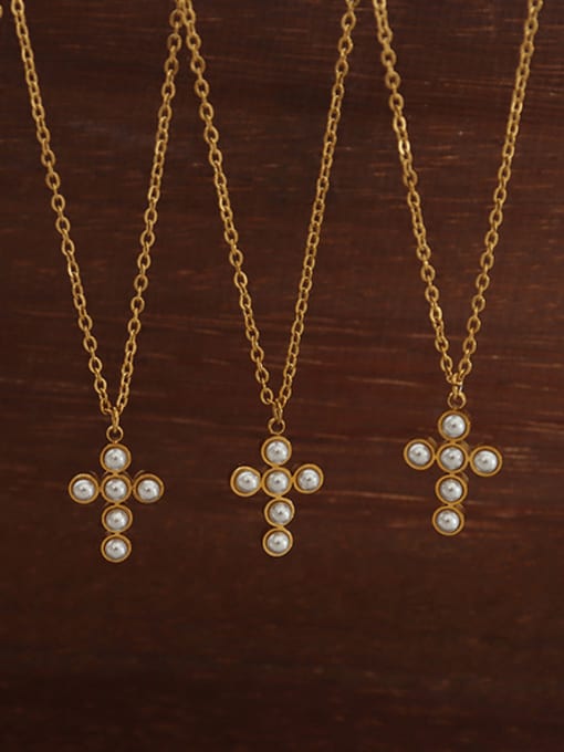 MAKA Titanium Steel Imitation Pearl Cross Vintage Necklace 0