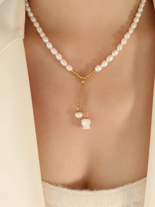P1310 Gold Necklace 42+ 5cm Titanium Steel Freshwater Pearl Minimalist Flower   Bracelet and Necklace Set
