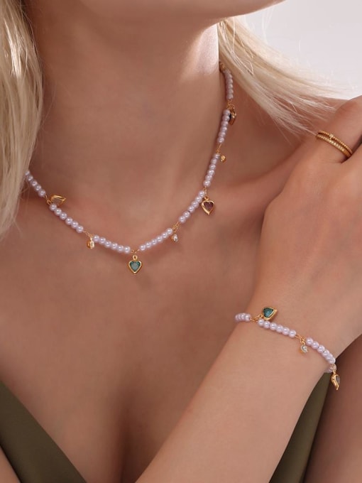 MAKA Titanium Steel Imitation Pearl  Minimalist Heart Bracelet and Necklace Set 1