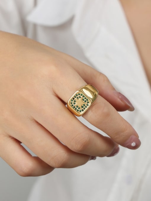 A651 Green Diamond Ring Brass Rhinestone Geometric Hip Hop Band Ring