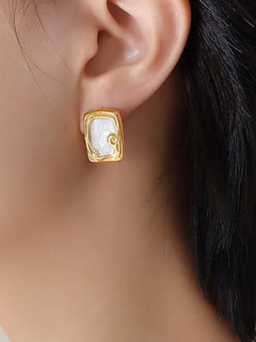 F079 Gold Earrings Titanium Steel Shell Rectangle Vintage Stud Earring