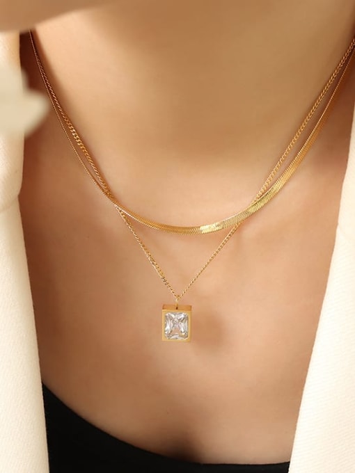 P1236 gold double layer Necklace Titanium Steel Glass Stone Geometric Minimalist Multi Strand Necklace