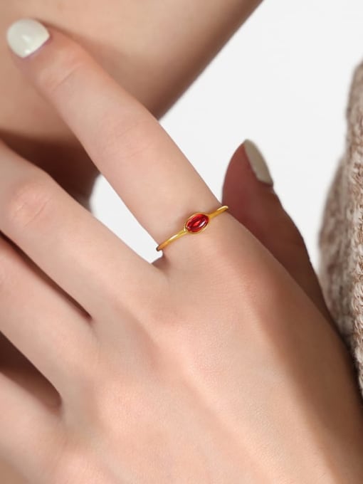 A494 Gold Red Glass Ring Titanium Steel Cubic Zirconia Geometric Dainty Band Ring