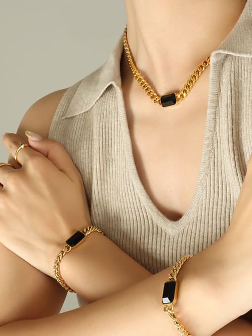 MAKA Titanium Steel Glass Stone  Hip Hop Geometric  Chain Bracelet and Necklace Set 1