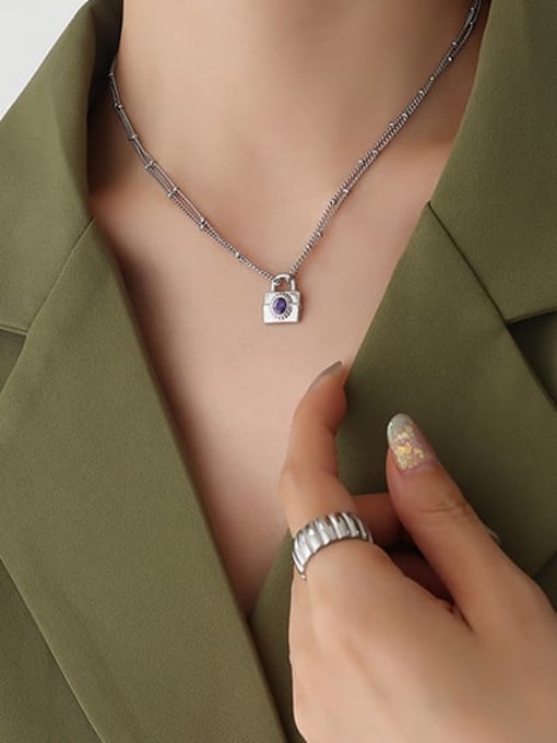 P300 steel purple zircon necklace 40+5cm Titanium Steel Glass Stone Vintage Geometric  Earring and Necklace Set