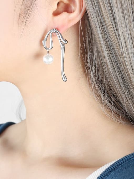 F761 Steel Color Earrings Titanium Steel Imitation Pearl Bowknot Dainty Stud Earring