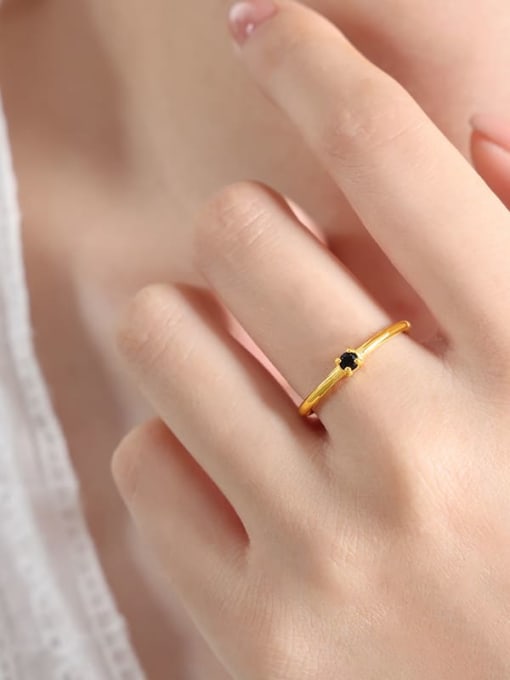 A521 Black Glass Stone Gold Ring Titanium Steel Cubic Zirconia Geometric Minimalist Band Ring