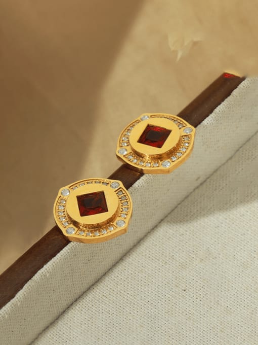 F1389 Gold + Red Zircon Earrings Brass Glass Stone Geometric Vintage Stud Earring