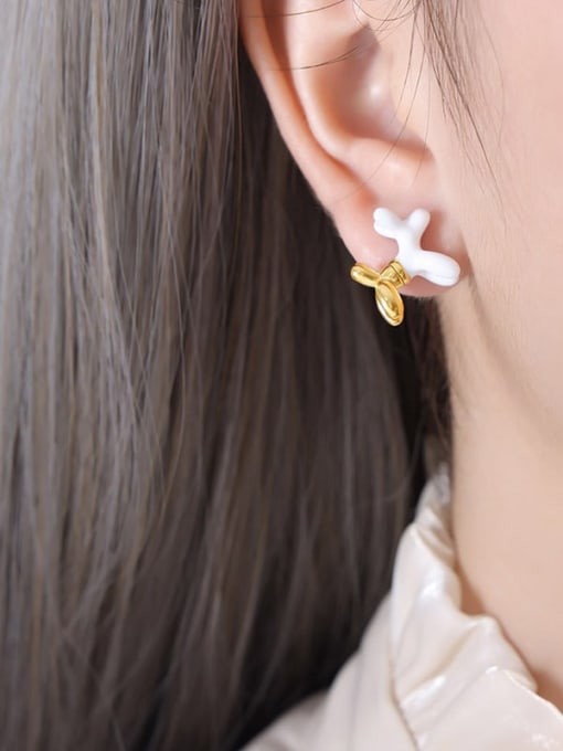 F914 White Drop Oil Gold Earrings Titanium Steel Enamel Geometric Minimalist Stud Earring