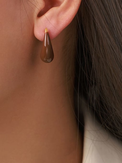 F1373 Brown Glazed Earrings Titanium Steel Enamel Water Drop Minimalist Stud Earring