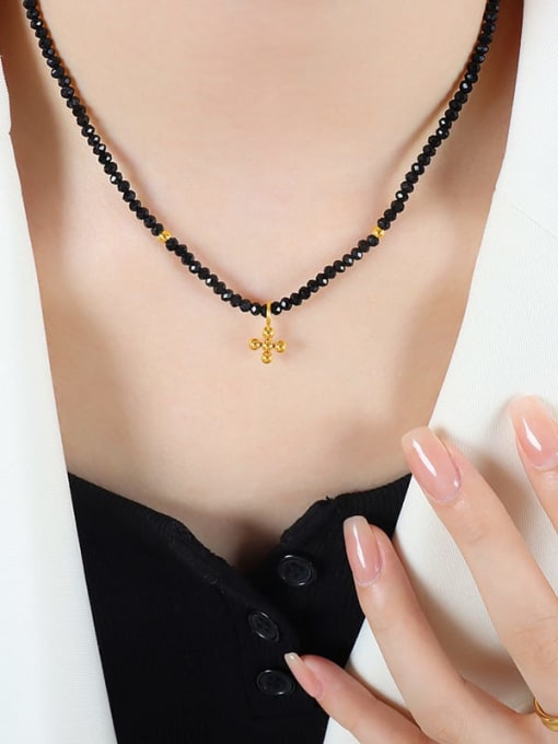 MAKA Titanium Steel Imitation Pearl Cross Trend Necklace 1
