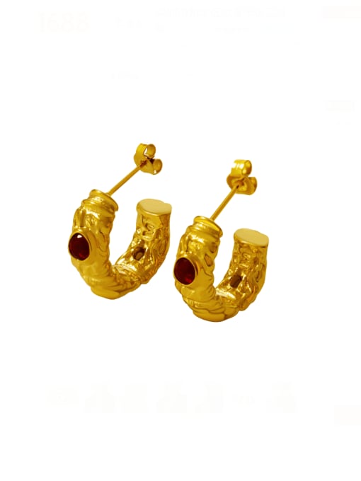 F017 Gold Earrings Titanium Steel Cubic Zirconia Geometric Vintage C Shape Stud Earring