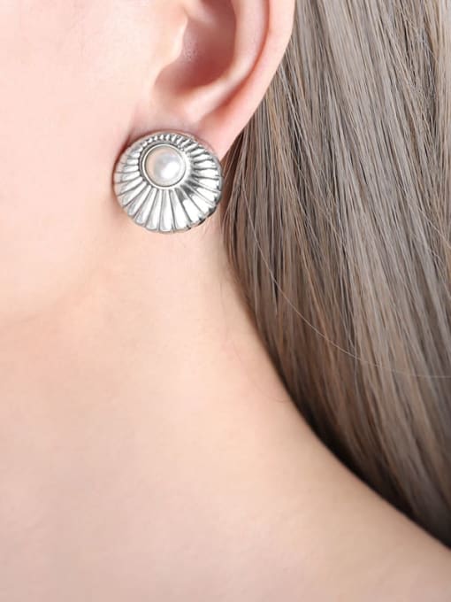 White imitation pearl steel earrings Titanium Steel Moonstone Round Trend Stud Earring