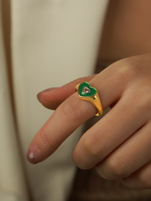A733 Golden Green Glazed Ring Brass Enamel Heart Trend Band Ring