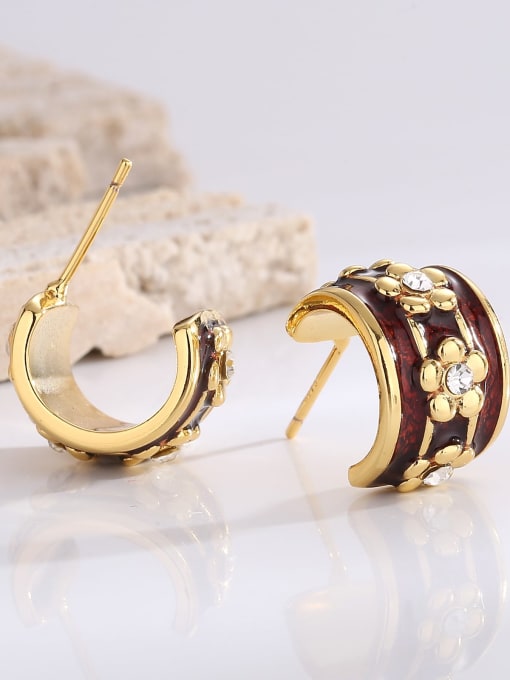 H01657 Gold Brass Enamel Flower Vintage Stud Earring