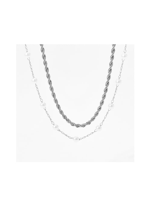 Clioro Stainless steel Freshwater Pearl Geometric Dainty Multi Strand Necklace 0