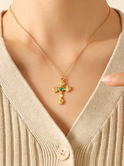 P344 rose gold necklace 40+ 5cm Titanium Steel Cubic Zirconia  Minimalist Cross Pendant Necklace