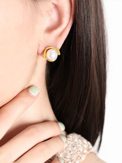 F824 Gold Earrings Titanium Steel Imitation Pearl Geometric Dainty Stud Earring