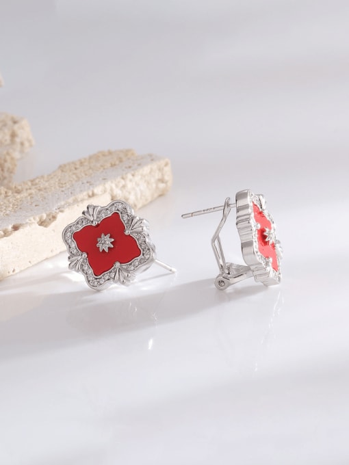 H01684 red Brass Cubic Zirconia Enamel Clover Hip Hop Stud Earring