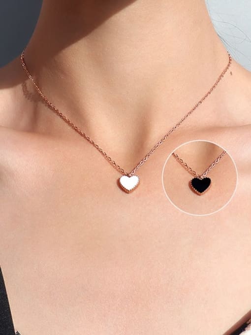 Rose Gold Oil Dripping : Black +white Titanium 316L Stainless Steel Enamel Heart Minimalist Necklace with e-coated waterproof