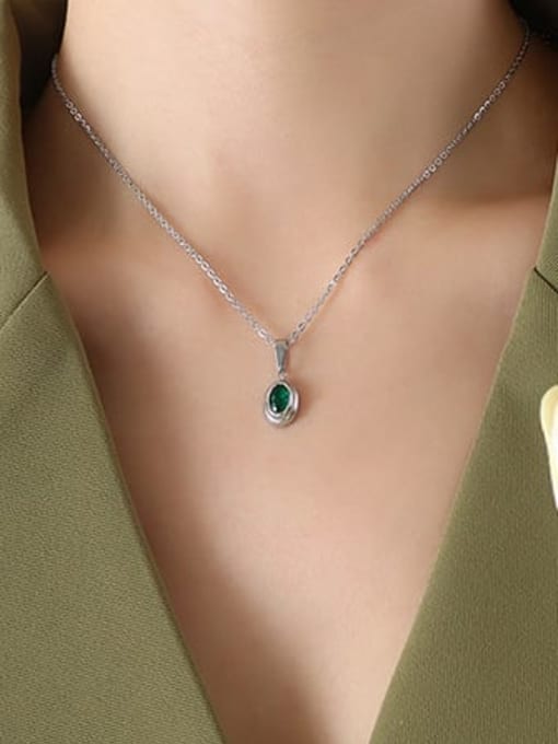 P322 steel green zircon necklace 40+5cm Titanium Steel Glass Stone Vintage Geometric Ring and Necklace Set