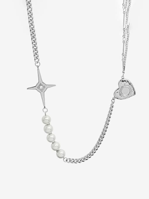 P1114 Steel Necklace 48+ 5cm Titanium Steel Imitation Pearl Heart Hip Hop Necklace