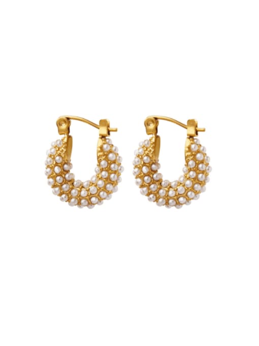 F277 Gold Earrings Titanium Steel Imitation Pearl Geometric Vintage Huggie Earring