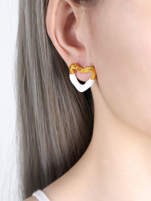 F844 White Drop Oil Gold Earrings Titanium Steel Enamel Heart Trend Stud Earring