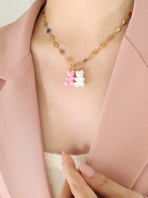 P1284 Pink and white bear heart (short ) Titanium Steel Resin Multi Color Enamel Bear Cute Necklace