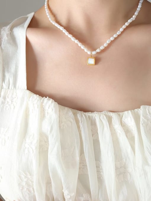 P664 gold necklace 40 +5cm Titanium Steel Freshwater Pearl Geometric Vintage Necklace