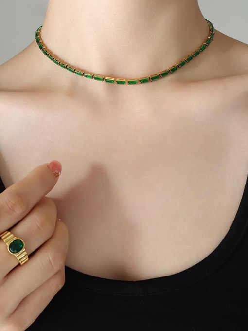 P1192 green zircon gold necklace 35 +5cm Trend Titanium Steel Cubic Zirconia Bracelet and Necklace Set