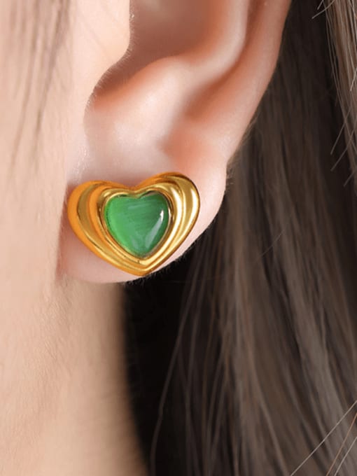 Gold+Green  earring Vintage Heart Titanium Steel Glass Stone Earring and Necklace Set