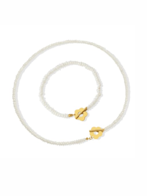 MAKA Titanium Steel Imitation Pearl  Minimalist Flower Bracelet and Necklace Set 0