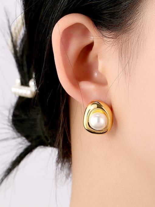 Clioro Brass Imitation Pearl Geometric Minimalist Stud Earring 1