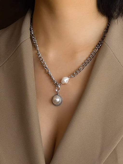 MAKA Titanium 316L Stainless Steel Imitation Pearl Geometric Vintage Necklace with e-coated waterproof 1