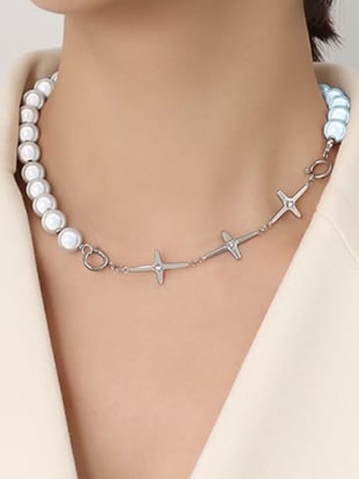 MAKA Titanium Steel Imitation Pearl Cross Hip Hop Necklace 1