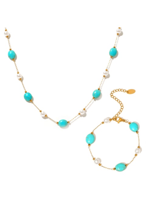 MAKA Stainless steel Minimalist Irregular  Turquoise  Bracelet and Necklace Set 0