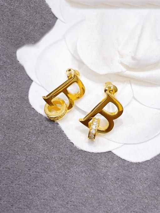 H00713 Gold Brass Cubic Zirconia Letter Minimalist Stud Earring