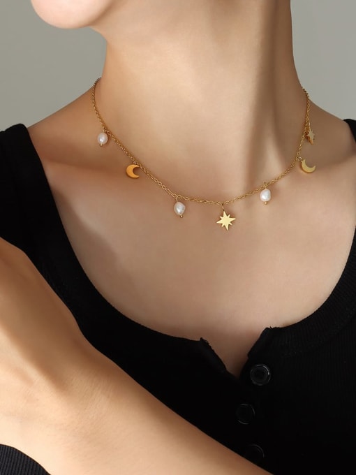 P774 gold necklace 40 5cm Titanium Steel Freshwater Pearl Star Dainty Necklace