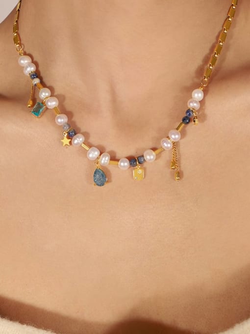 P1369 Water Drop 43cm Brass Imitation Pearl Heart Bohemia Beaded Necklace