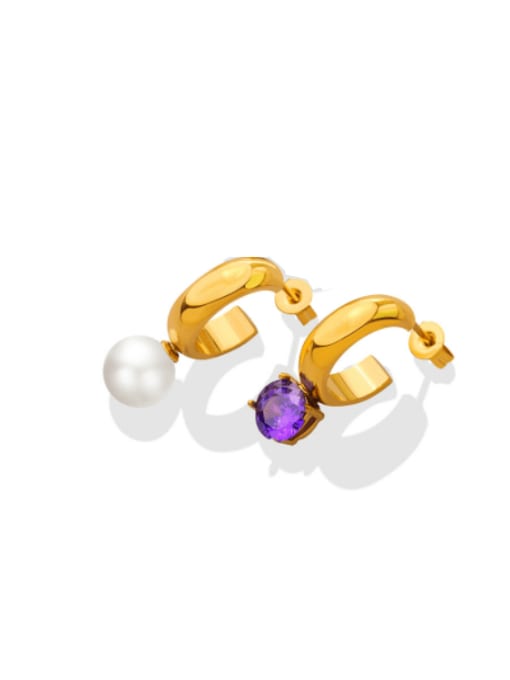 F637 gold + Purple Titanium Steel Imitation Pearl Geometric Vintage Stud Earring