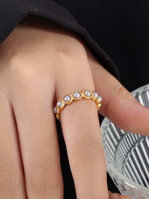 A523 Golden Grey Bead Ring Titanium Steel Imitation Pearl Geometric Minimalist Band Ring